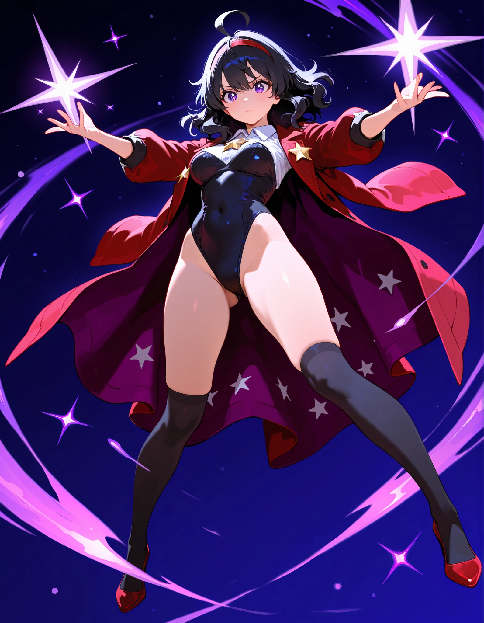 highly detailed, masterpiece, best quality, correct hands, small breasts, short black hair, blue eyes, black robes, black pants, no shirt, defined curves, smug smile, blushing, mountain background, storm, lightning, floating, stormy atmosphere, surrounded by lightning, flying, off the ground