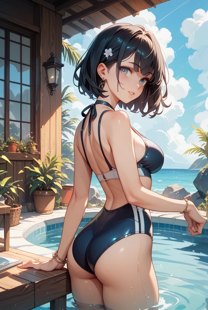realisitic、top-quality、女の子 1 人、20yr old、Bright flashy hair、piercings、Shy face、Fancy Bikini、beautiful boob 、sexypose、s ass、Example Pool、Particles of light、profetional lighting、blue open sky