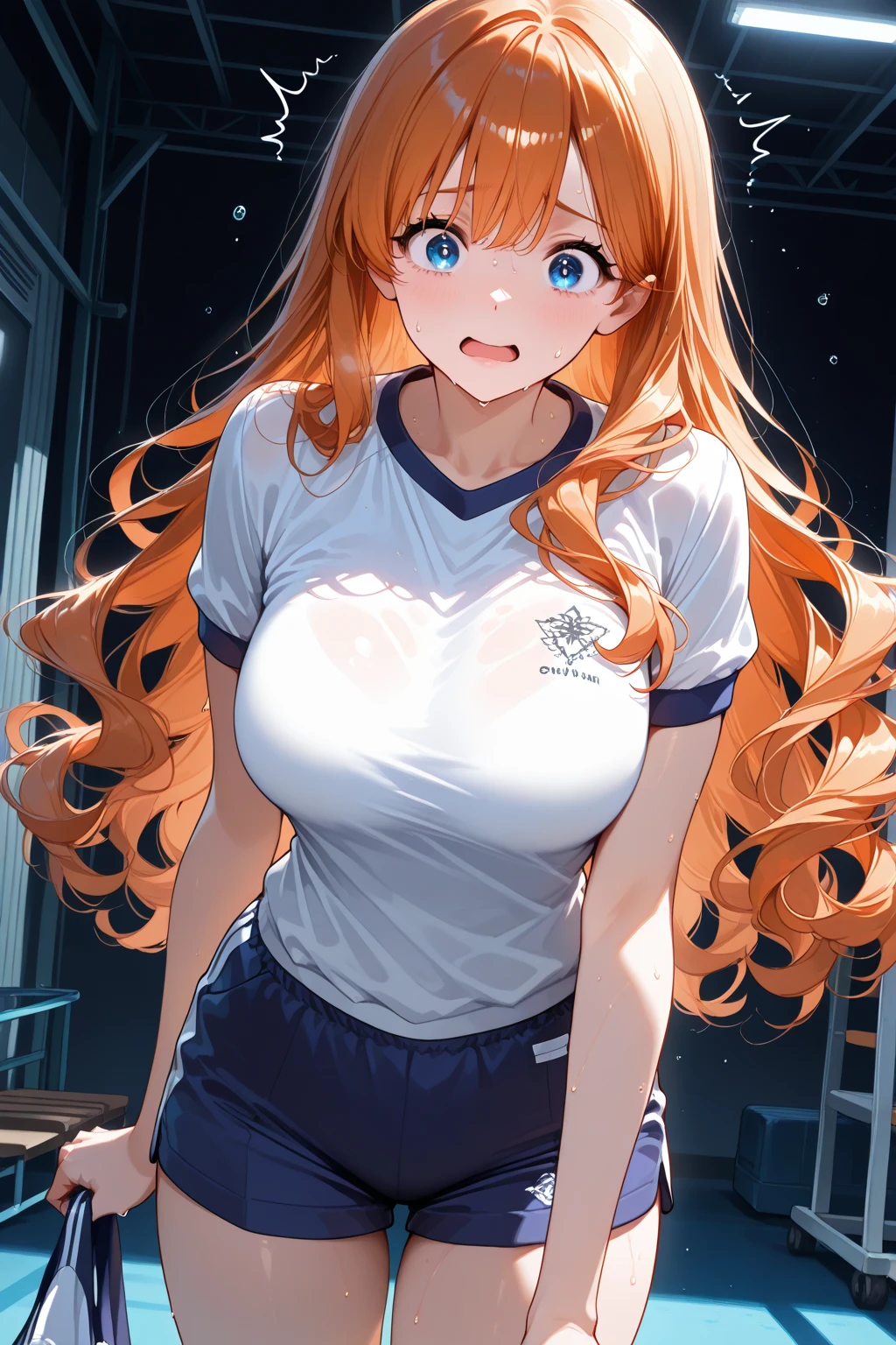 1 girl, (solo:1.2), tall girl, long orange hair, straight hair ,orange eyes, (high school student), (17 years old), (Full Breasts), (thighs), High Height,masterpiece, high resolution, shiny, full body, beautiful,A cute smile that makes the viewer happy, highly detailed beautiful face and eyes,looking at viewer, (school gym clothes:1.2), (outside),
