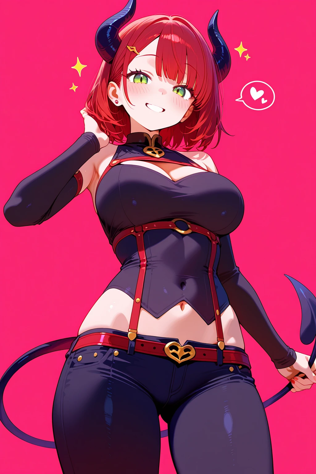 cute girl, A girl in the form of a devil, Devil horns, devil tail, red color, short hair, Red tight clothes، adult girl,Devil smile, Big chest, so sexy, hot, fire