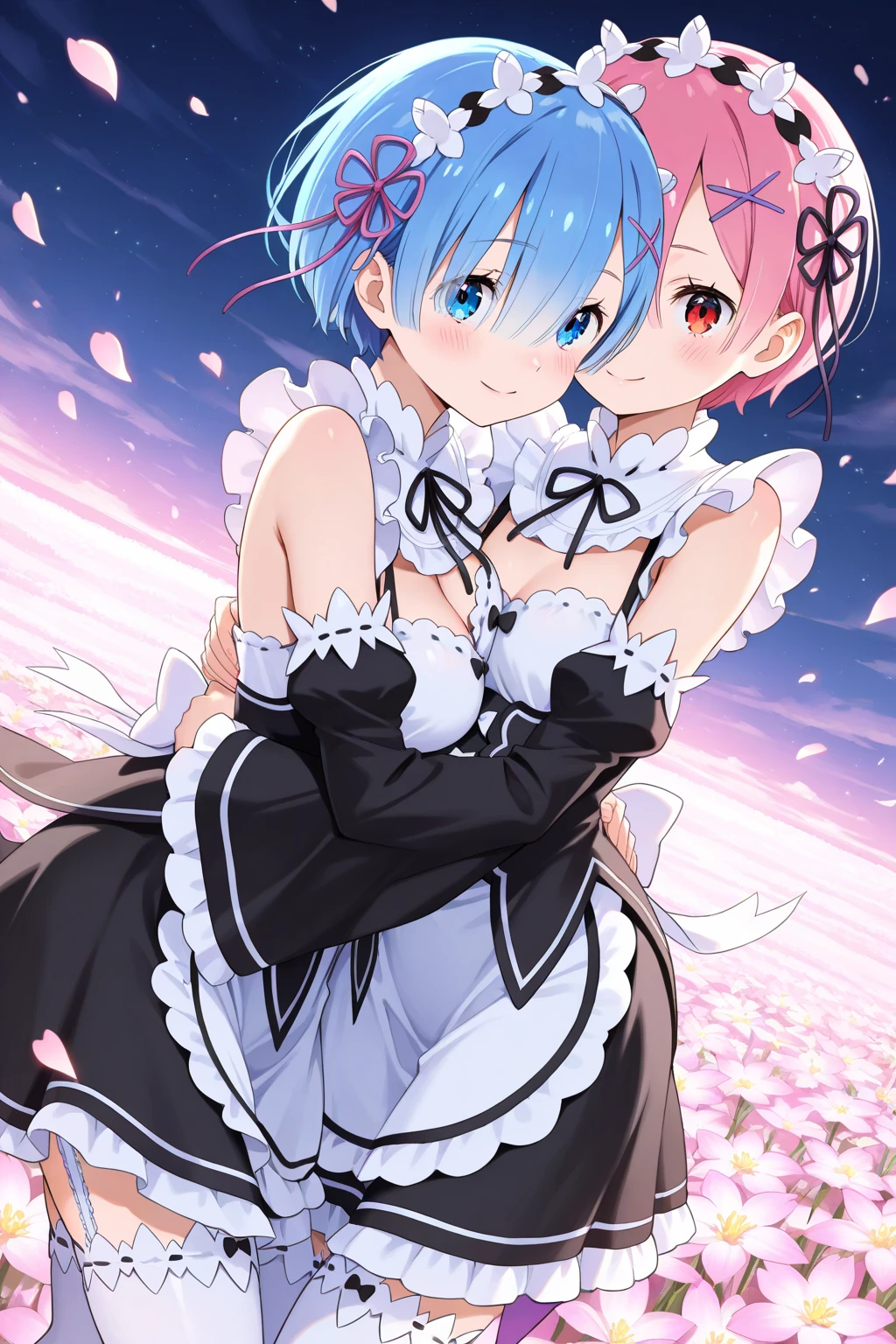 Re:Zero、Rem、Black and white bikini、Gentle smile、Re:Zero、Rem、Black and white bikini、Gentle smile、short hair、Round hairstyle、1girlsshort hair、Round hairstyle、1girls、hugging a float、