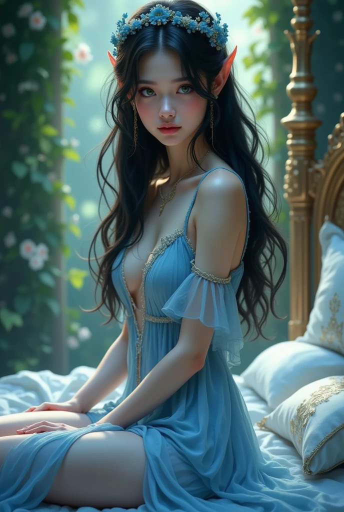 Photo of beautiful young woman, age 25, (((head in frame))), (full body), blue dress, perfectly beautiful, highly detail, dark hair, ((anime)), realistic anime portrait, anime photography