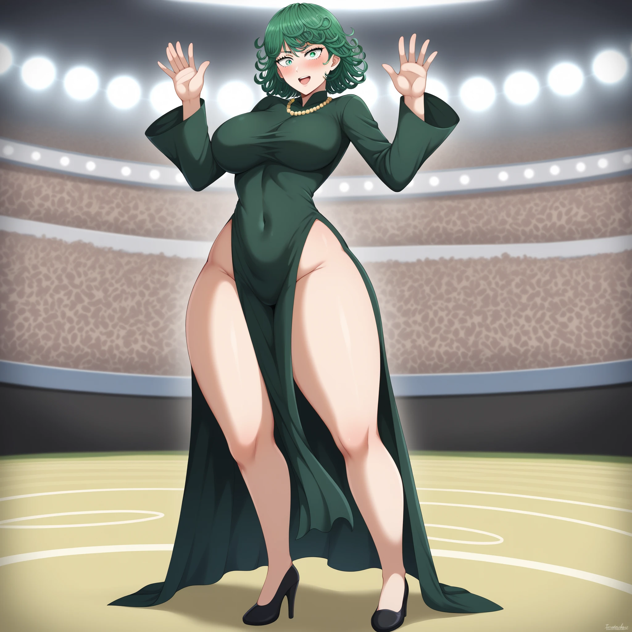 (Mad Magazine cover) Alfred E Neuman as One Punch man Saitama in a heroic pose with classic Newman smile, Tatsumaki (extremely sexualized, big butt, big boobs, classic dress) very mad jumping up and down yelling at Saitama, bloody remains of a beast all over the crowd and downtown Tokyo