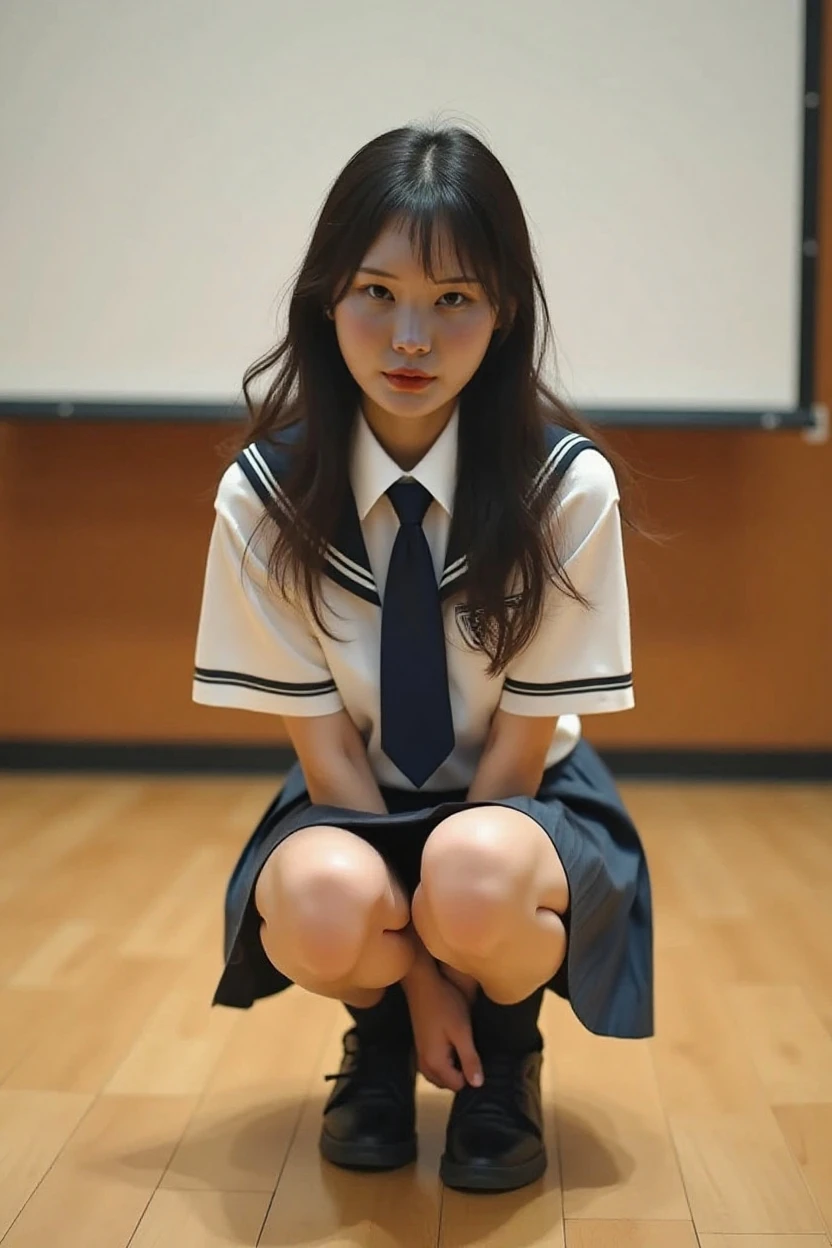 highest quality、4k、8k、High Resolution、masterpiece: 1.2、 Super detailed、Real、Photorealistic、Photorealistic: 1.37、(A beautiful 15-year-old woman is wearing a Japanese junior high school uniform:1.2)、(Beautiful delicate eyes with long eyelashes、Beautiful delicate lips、Her face is very detailed and clear、A beautiful face with a big nose)、(She is squatting with her legs spread wide.:1.55)、(Shoot from below, focusing on the crotch area between the legs)、(She lifts the hem of her skirt to reveal her panties)、(With an expression that has reached sexual climax:1.4)、(Expressions of embarrassment and excitement:1.43)、(This is a classroom)、Impressive landscapes depicted、Exquisitely drawn characters、Crisp, detailed textures、professional writing、Vibrant colors、Warm and soft colors、Three-dimensional effect expressed by light and shadow、
