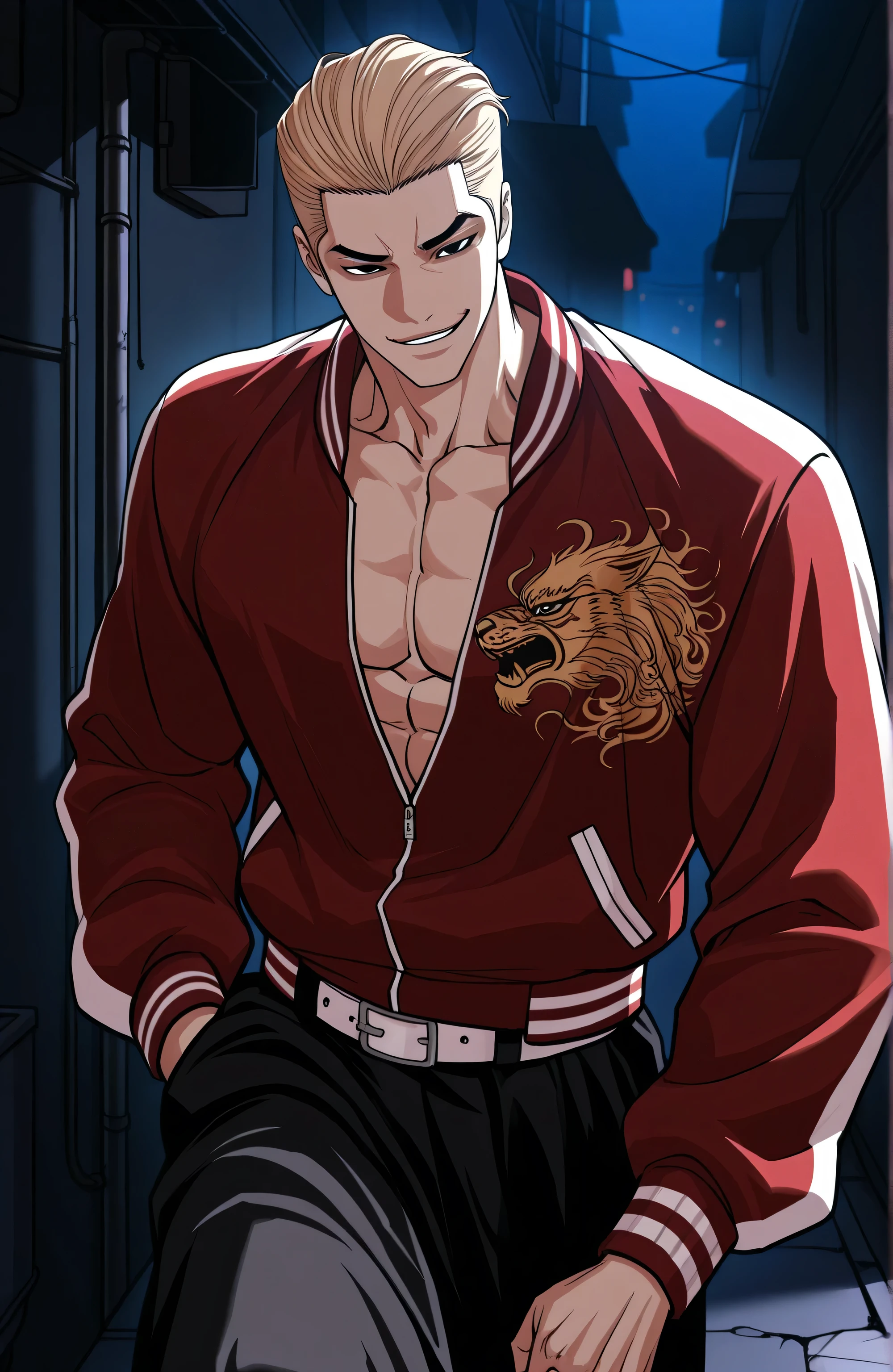 1male,solo,blond hair,short hair,slicked back hair,black eyes,smirk,red sukajan jacket,white belt,black baggy pants,muscle,walk,alley,korea,night,,lookism,