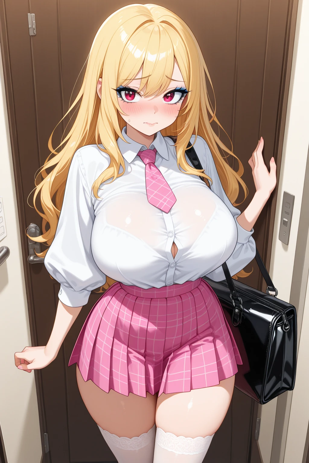 Hyper detailed image, UHD, 16k, professional photo, (Realistic photo of Elizabeth 7ds), professional photo, ((Goddess of beauty girl, charming, various accessories, earrings, very straight blonde hair, a strand of hair between her eyes)) , bangs covering part of his left eye,
(Elizabeth Nanatsu no Taizai" The Seven Deadly Sins), naive, kind, excited expression,
Appearance: Elizabeth is a tall, slender young woman with blonde hair that is usually tied in a high bun, although she occasionally leaves it loose. Her eyes are blue, and she possesses an aura of serene beauty and purity that makes her remarkable. She is often seen wearing the Royal Handmaids' uniform, which consists of a pink and white dress with an apron. she wears a very short skirt showing transparent pink panties,
Elizabeth is an archangel, she has special abilities related to healing and divine power. She can use healing magic and is able to summon wings of a goddess, increasing her speed and flying capabilities. open and erotic outfit showing her impressive, beautiful and perfect big breasts, ((natural long sagging breasts, natural perfect breasts, ultra-giant pointed long breasts sticking out of the jacket)) full breasts, big body, tall, thin visible abs, curved body, curvaceous , pert ass, she wears a belt and a (((very loose skirt raised she doesn't wear panties, perfect pussy on display, pubic hair on display, lifting the skirt with her hand))), thick legs open, smiling showing a thong tied to wet pussy, flexible body, brown boots, perfect hands and fingers, environment: dark, moonlit night, sexy protagonist Elizabeth, curved, slim and toned body, legs open, exposed, micro thong stuffed in her pussy, stuck in her big pert ass , 16k ultra realistic photo, photo taken from above showing her cleavage, huge strip, (great lighting) (pussy, pornography, pubic hair), ((wet pink transparent panties, pubic hair))