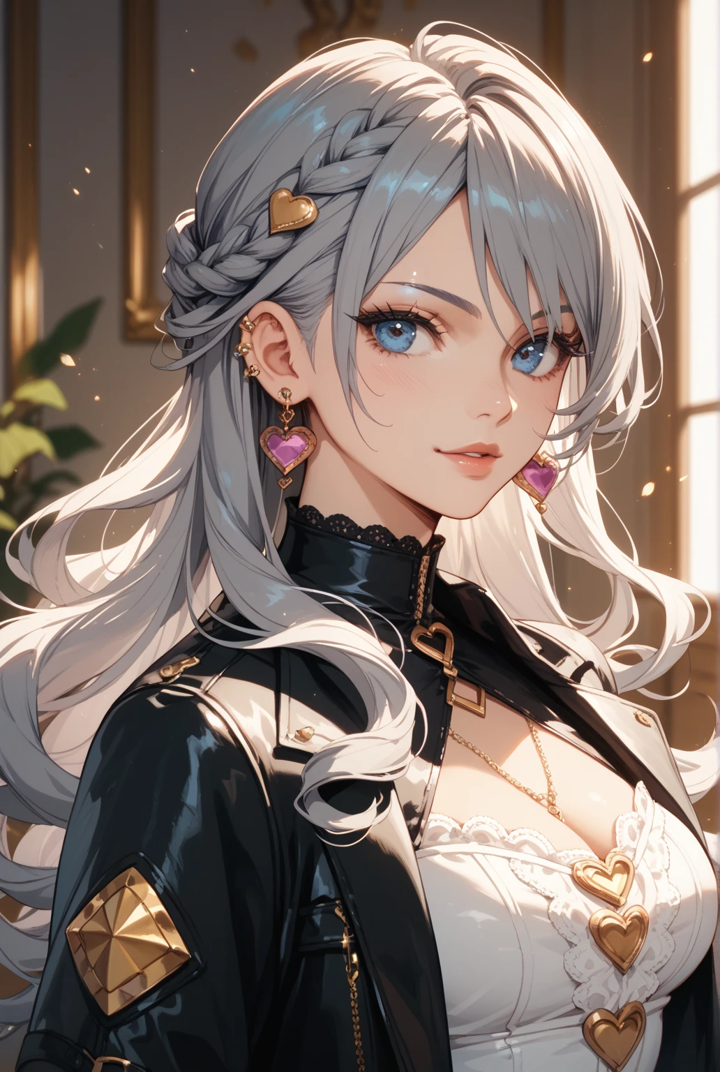 high quality, rich in details, A girl with silver hair and twin tails posing cutely. They are dressed in vintage gothic style clothes, wearing a bracelet, earrings and necklace. I can see big things. The photo is a close-up of the face, Has cleavage, shiny chest, Sweat in the cleavage, and a sexy atmosphere、beautiful anime art