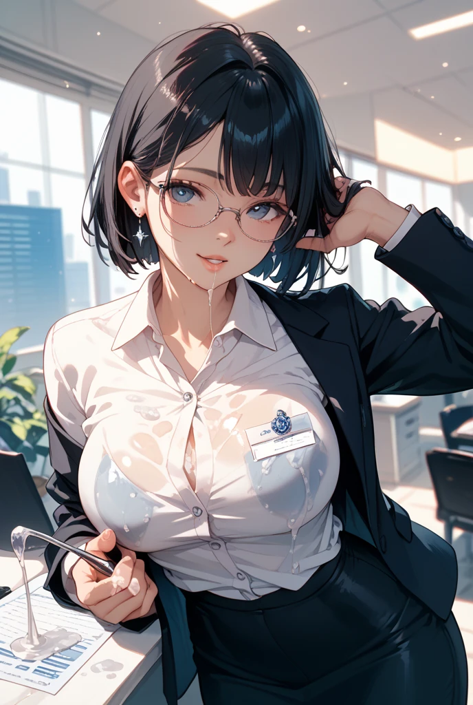 ((masterpiece)), ((best quality)), (Super detailed), ((Kawaii)), charming的, (charming), ((Sexy)), (equipment), ((Very detailed)), 4k, (8K), best quality, (Fair), illustration, Anime style, , Dynamic angle, whole body, Upper Body, grade, office, Personal, in the room, a charming的 girl, 1 girl, solitary, Set, Fair black hair, Fair black eyes, ((Fair eyes)), White skin, short hair, Large Breasts, Glasses, necktie, tie, Cool, Grin, blush, sparkling效果, lens flare, sparkling, sparkling，（（huge山雀））,huge , Crazy breast swelling, Chest larger than shoulder blades, Big breasts and thin waist，(huge breasts:1.2)，Hydrated skin（（rogue））（（非常huge乳房）），（（Grooves reveal original skin））