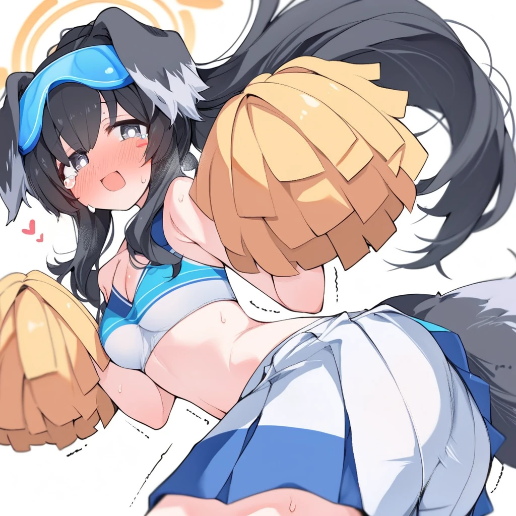 best quality, masterpiece, highres, solo, (hibiki_bluearchive:1.10), 1girl, bare shoulders, blush, crop top, goggles, holding pom poms, midriff, millennium cheerleader outfit (blue archive), navel, official alternate costume, pleated skirt, simple background, white background, white skirt, cleavage, looking at viewer, miniskirt, cowboy shot, open mouth, stomach, large breasts, sticker on face, 2 <lora:hibiki_bluearchive:0.80>