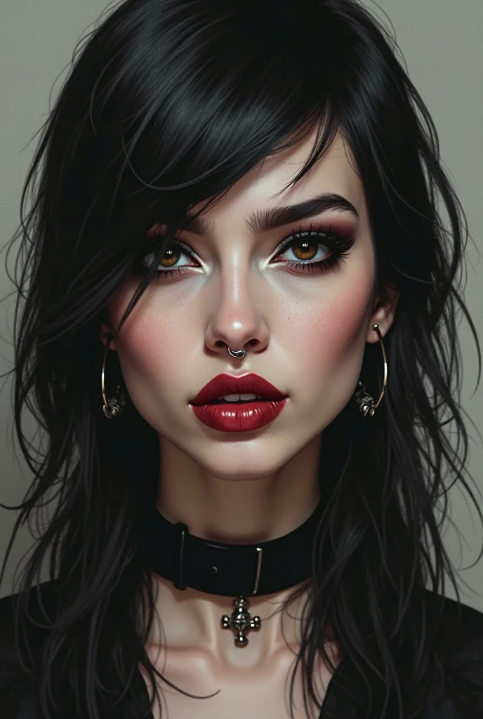 Girl with semi-long black hair, skin between white and brown, with a voluptuous and marked body, Dark brown semi-slanted eyes with an intense and mocking look and slight dark circles, about 1m tall,60cm. With a piercing (SEPTUM) on the nose, small but full lips, forehead neither too big nor too small. Black and marked clothing. 