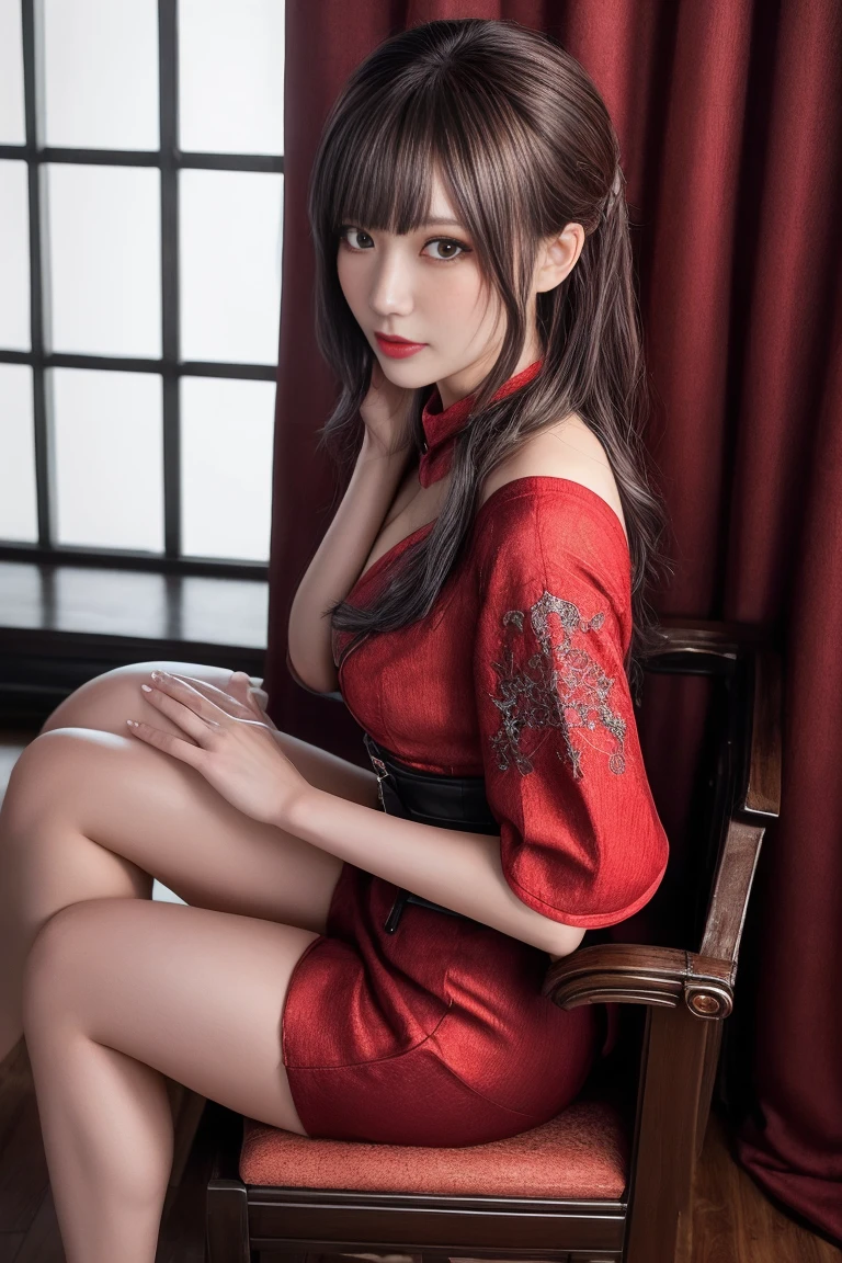 beautiful, (masterpiece:1.2), (best quality:1.2), perfect eyes, perfect face, perfect teen body, perfect lighting, korean woman 24 years old, (solo), rooftop ledge, city in background, night, red lights in the room, face focus, blured background, gentle smile, detailed breats, windy, wearing hanfu, songstyle <lora:hanfu_v28:0.5>