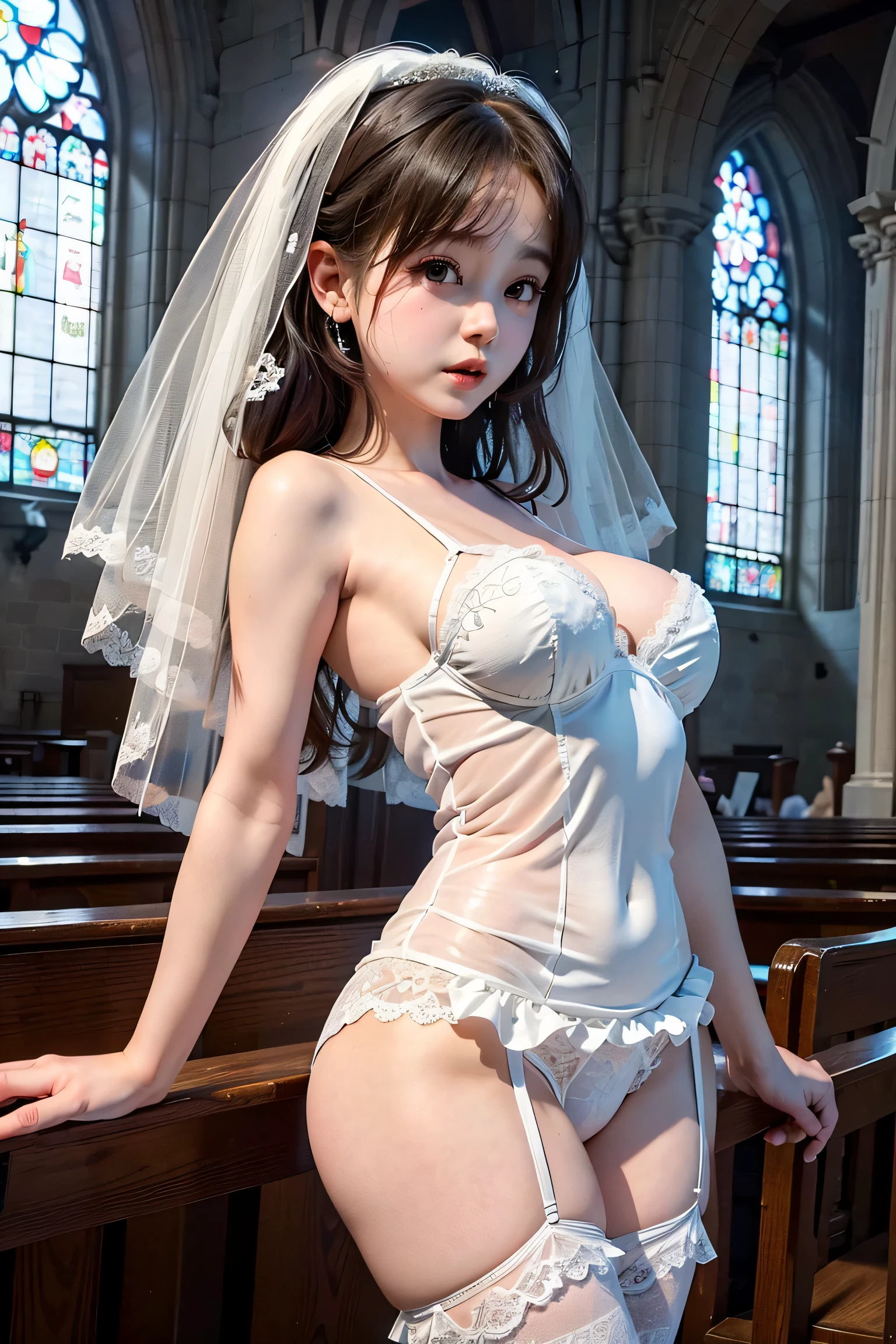 Woman with sculptural body is inside a church,she's wearing a bridal veil, With panties and bra.na cor branca, She's sitting cross-legged staring into the camera, She's looking into the camera and putting one hand on her waist., Realistic image in 4K resolution