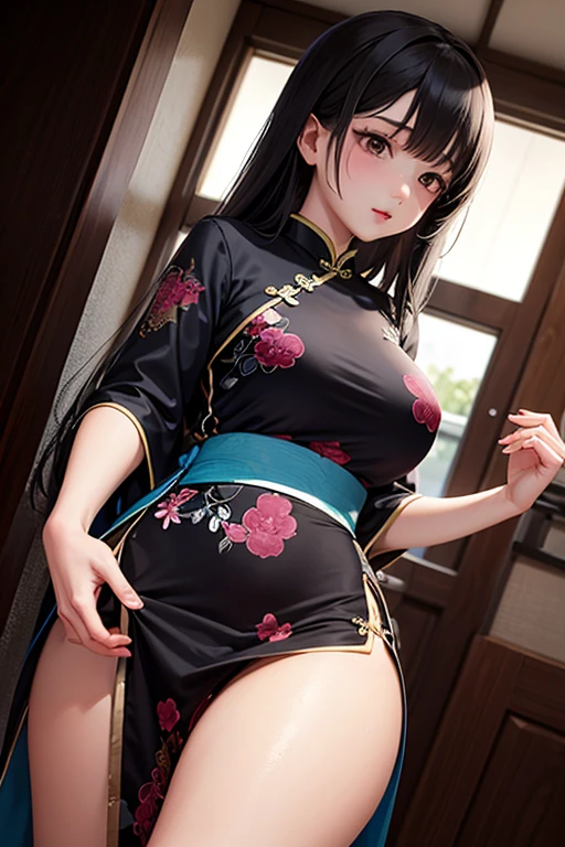 (masterpiece、highest quality)、(Photorealistic:1.4)、 Mature Woman,  Beautiful thighs、Front view、1 girl、30 years old、Perfect Face、Symmetrical cute face、(Bun Hair、Black Hair)、Big eyes、Long eyelashes、((expensive))、Beautiful Hair、Beautiful Face、Beautiful and beautiful eyes、Perfect Proportions、Beautiful breasts、Beautiful feet、Beautiful fingers、((High quality fabric、floral pattern cheongsam、Skirt flip))、(To the hospital)、Are standing、 (smile),  (((Skirt lift with both hands、Panties and pantyhose are visible)))