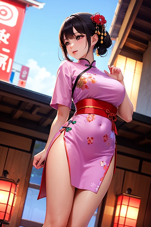 masterpiece, best quality, shigure kosaka, brown eyes, long hair, black hair, ponytail, hair ribbon, black choker, pink kimono, purple thighhighs, sandals, outdoor, cowboy shot, looking at viewer,