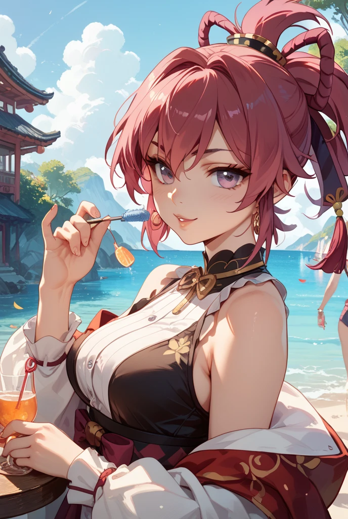 Girl in a swimsuit with the image of the pachislot Million God enclosure