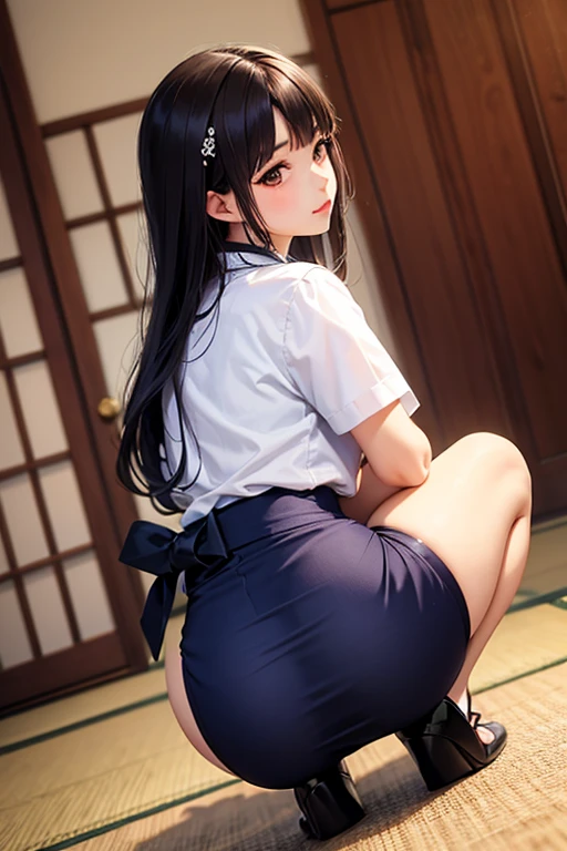 PERFECT MASTERPIECE, EXTREMELY DETAILED CG UNITY 32K UHD QUALITY RESOLUTION WALLPAPER, PHOTOREALISTIC, RAW PHOTO, PERFECT PHOTOGENIC CLARITY, OFFICIAL ART, AWARD-WINNING PORTRAIT, ULTRA HYPER-REALISTIC, ULTRA HYPER-DETAILED, SHINY REALISTIC SKIN, The most beautiful and sexy school girl, very long purple colored hair, vibrant moonlight eyes, long detailed eyelashes, blushing, full pouting pink lips, curvy body type, full hips, super huge enormously gigantic nude tits, cleavage showing, gigantic tits bursting out of her shirt ((wearing a school girl uniform white knee high socks and school girl skirt, pointing her butt up at the viewer arching her back in a sexy seductive slutty pose, white lace panties showing, camera focus on her nice ass 1.3)) looking back at the viewer, close up pov camera view from below, sexy horny orgasm seductive slutty facial expression, luxurious bedroom background