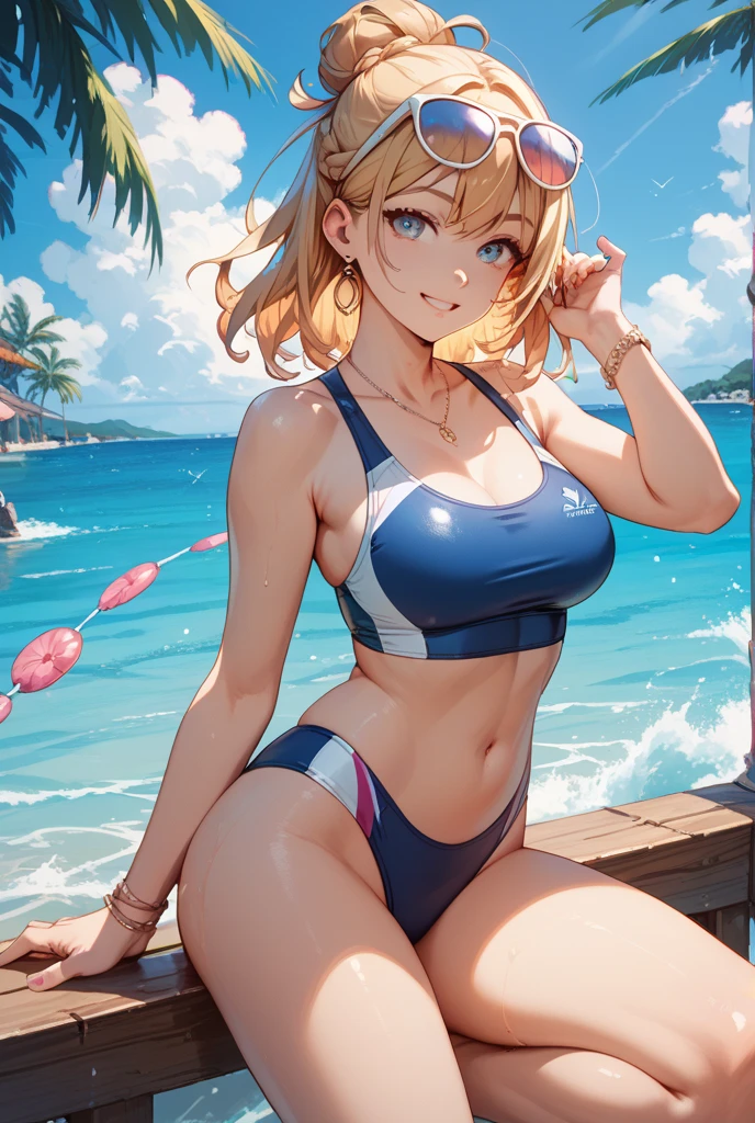 1girl, adult woman, (Naked: 1.4), (Blushing:1.4), (vinil highleg one-piece swinsuit, frontal ziper), blushed, Smile, Cowboy Shot, Slim body, Small breast, small boobs, Full Body, Detailed background: Beach and palmtrees, summer