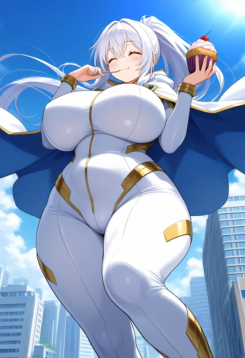 Silent magician, ropa apretada, poca piel visible, (( ruborizada, sonrisa, oiled skin)), pelo largo, cabello blanco, (( white hair)), sombrero blanco, Curvy body, abs, muscle, muscle girl, big sagging breast , monstruo de duelo, Iparuputsua, de pie en la entrada de un castillo, brazos a los costados, magic world background, mundo medieval .