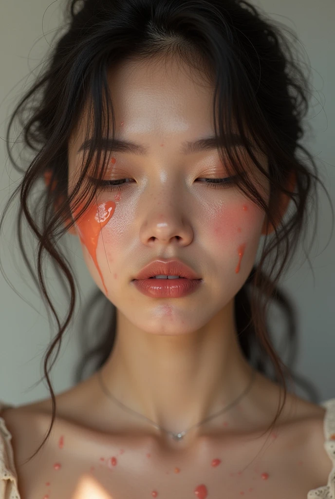   place the head of a decapitated woman , Asia,  Less blood stains   , (( with eyes closed)),   like a dish on a plate  , Bloody,  actual , 4K, Nikon, fear