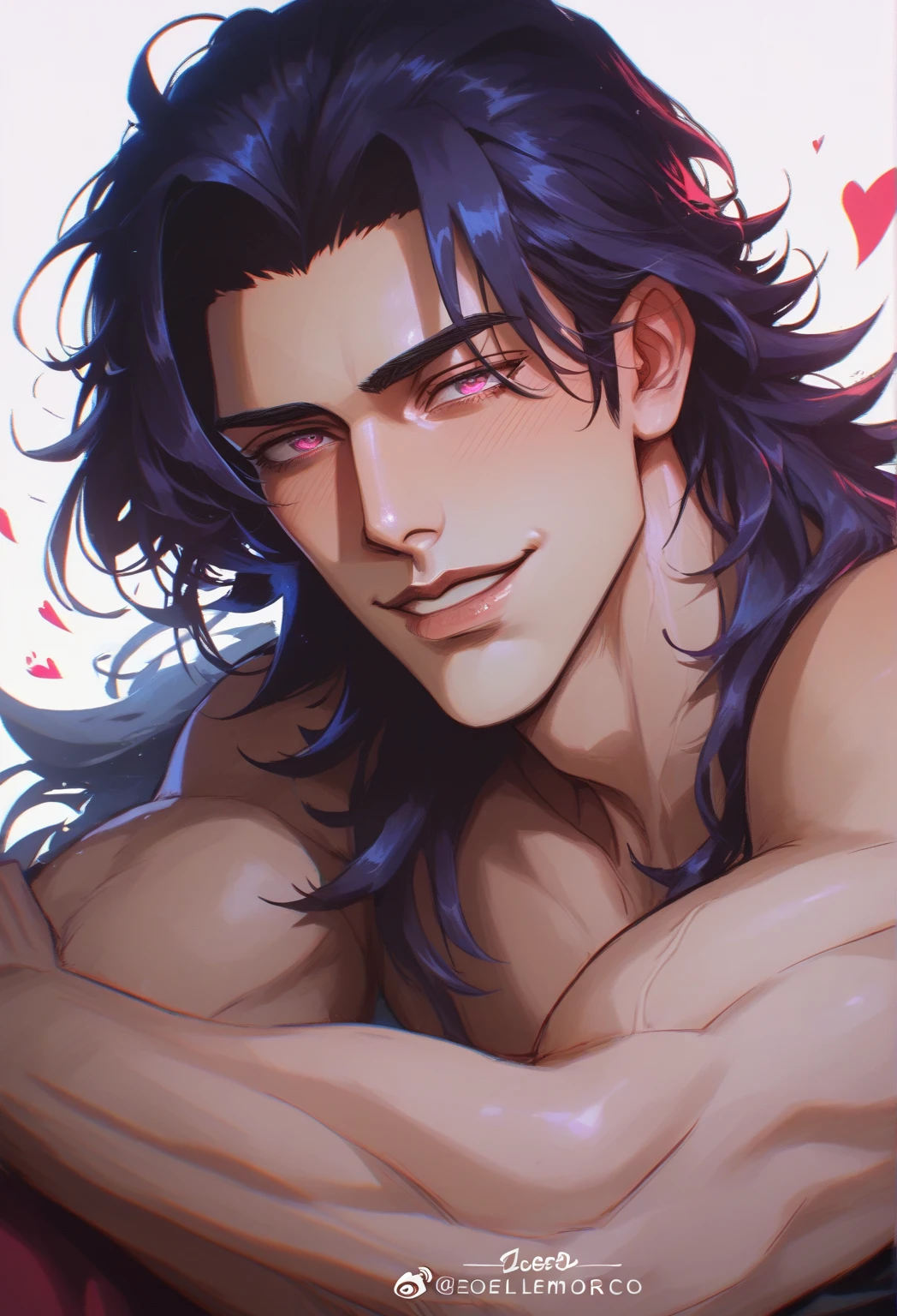 1 chico, Alone, youthful attitude, black hair, long hair, black eyes, lower lip piercing, seductive laugh, naked, big penis, man, Full view 