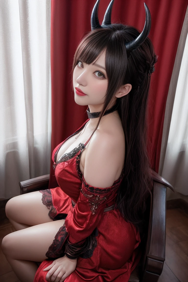 ((Best Quality)), ((masutepiece)), (Detailed), Perfect face　a beauty girl　cleavage of the breast　red eyes　cabelos preto e longolunt bangs　Gorgeous dresses worn by aristocrats