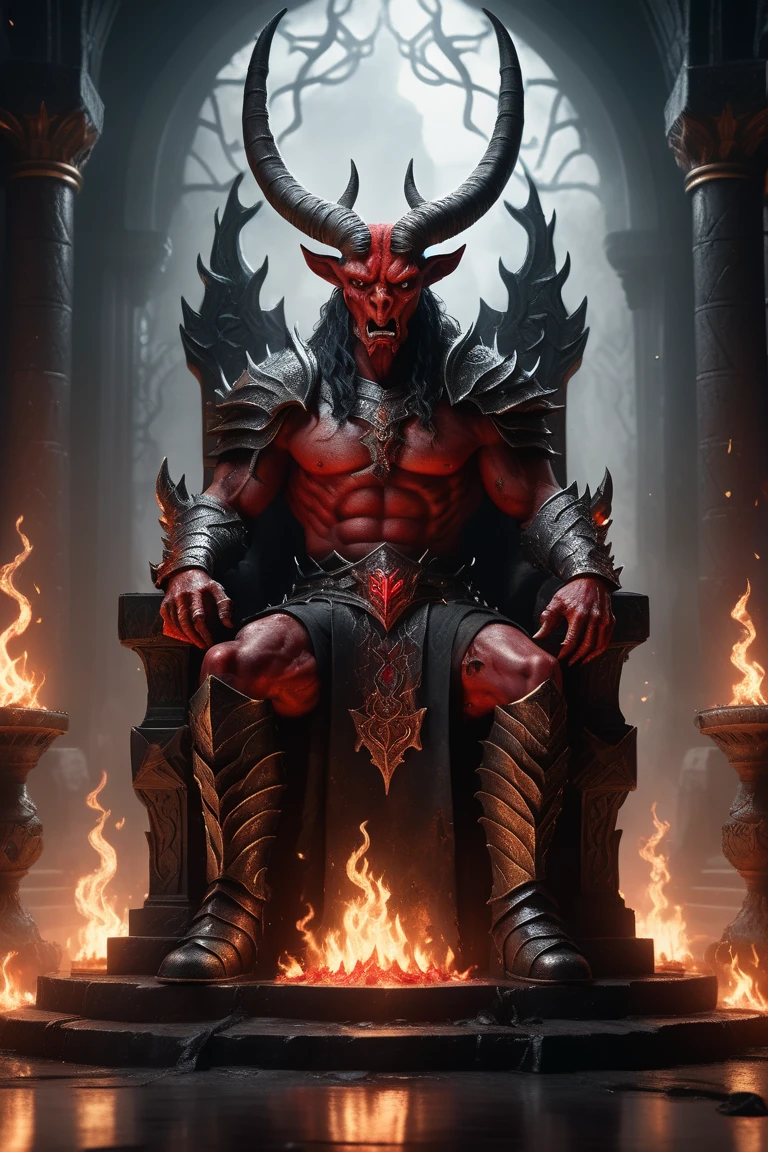 Wolf fur(color red y negro), red devil's tail, teenager(athletic), medieval clothing(black color), musculino(teenager), ram horns(color red),Alone (Posing), Violet Wolf Eyes, delgado(skinny), man, Sitting on a throne, ruined castle background, by the wide(red).