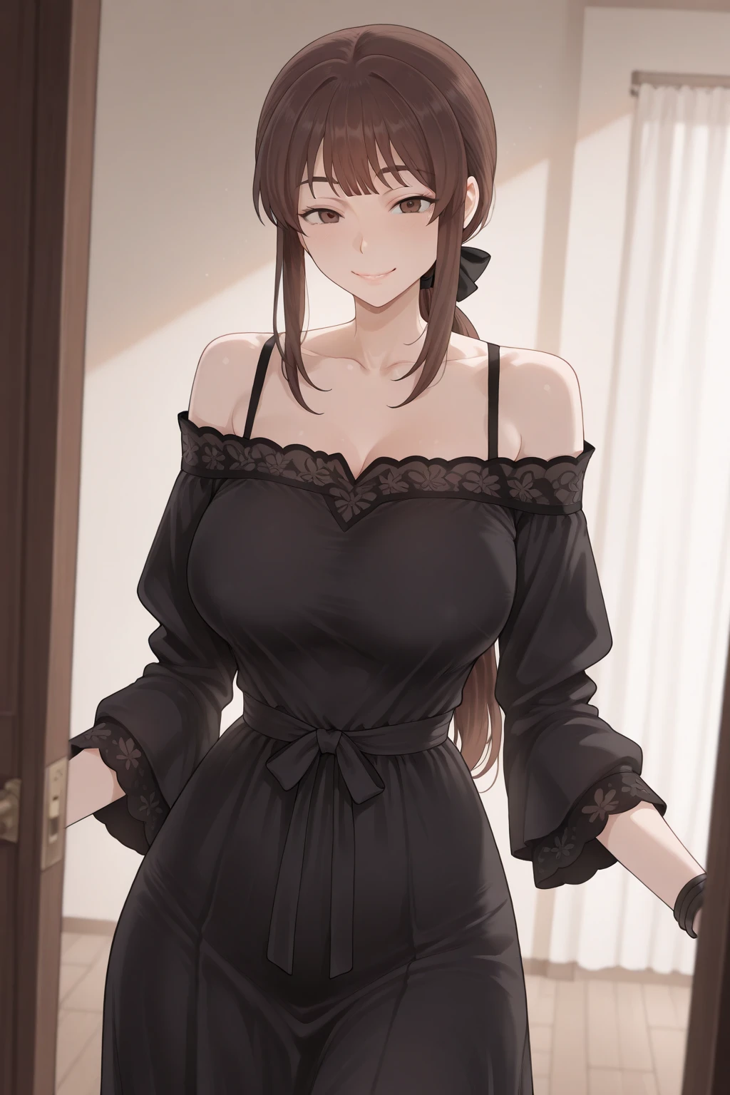 <lora:BlackNightgownLila:1> black nightgown, long sleeves, off-shoulder,, ultra detailed, masterpiece, best quality, aesthetic, detailed,, solo, frown,
1girl, red eyes, <lora:Tsurime3:1>, (tsurime:1.2), (brown hair:1.3), medium hair, (asymmetrical bangs, swept bangs, cowlick:1.35), flipped hair, <lora:foldedponytail:0.8> foldedponytail, folded ponytail, (small breasts:1.3),