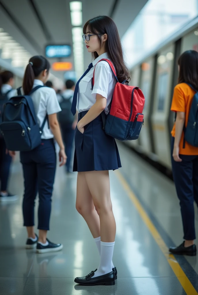 ((top quality、masterpiece、high sensitivity、high res、Detailed Description、delicate face depiction、Ｆvalue：6.0)),((Slender Woman、wearing glasses)),advanced digital art in pop color、high school uniform、hoodie、high socks、Loafer Shoes、rucksack on your shoulder in a cute pose、Morning rush hour train station platform、