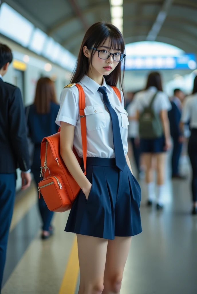 ((top quality、masterpiece、high sensitivity、high res、Detailed Description、delicate face depiction、Ｆvalue：6.0)),((Slender Woman、wearing glasses)),advanced digital art in pop color、high school uniform、hoodie、high socks、Loafer Shoes、rucksack on your shoulder in a cute pose、Morning rush hour train station platform、