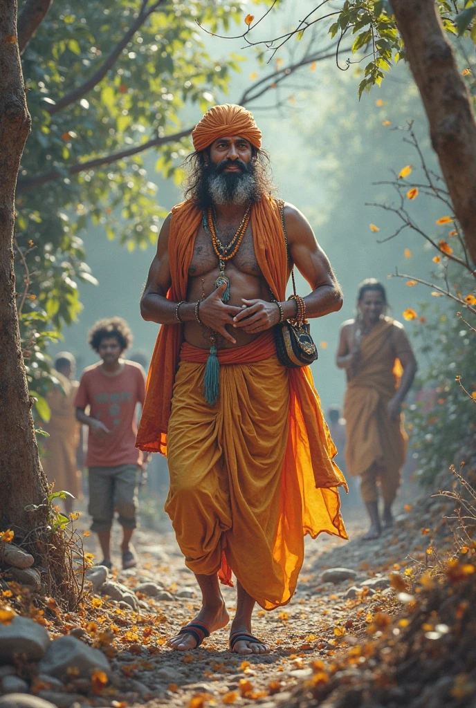 Imagine vishnu Ji, the revered Hindu deity, strolling down a bustling road. He holds a colorful umbrella in his hand, which contrasts with his traditional attire and the lively urban backdrop. The scene blends the divine with the everyday, showcasing vishnu Ji's serene presence amidst the modern world."