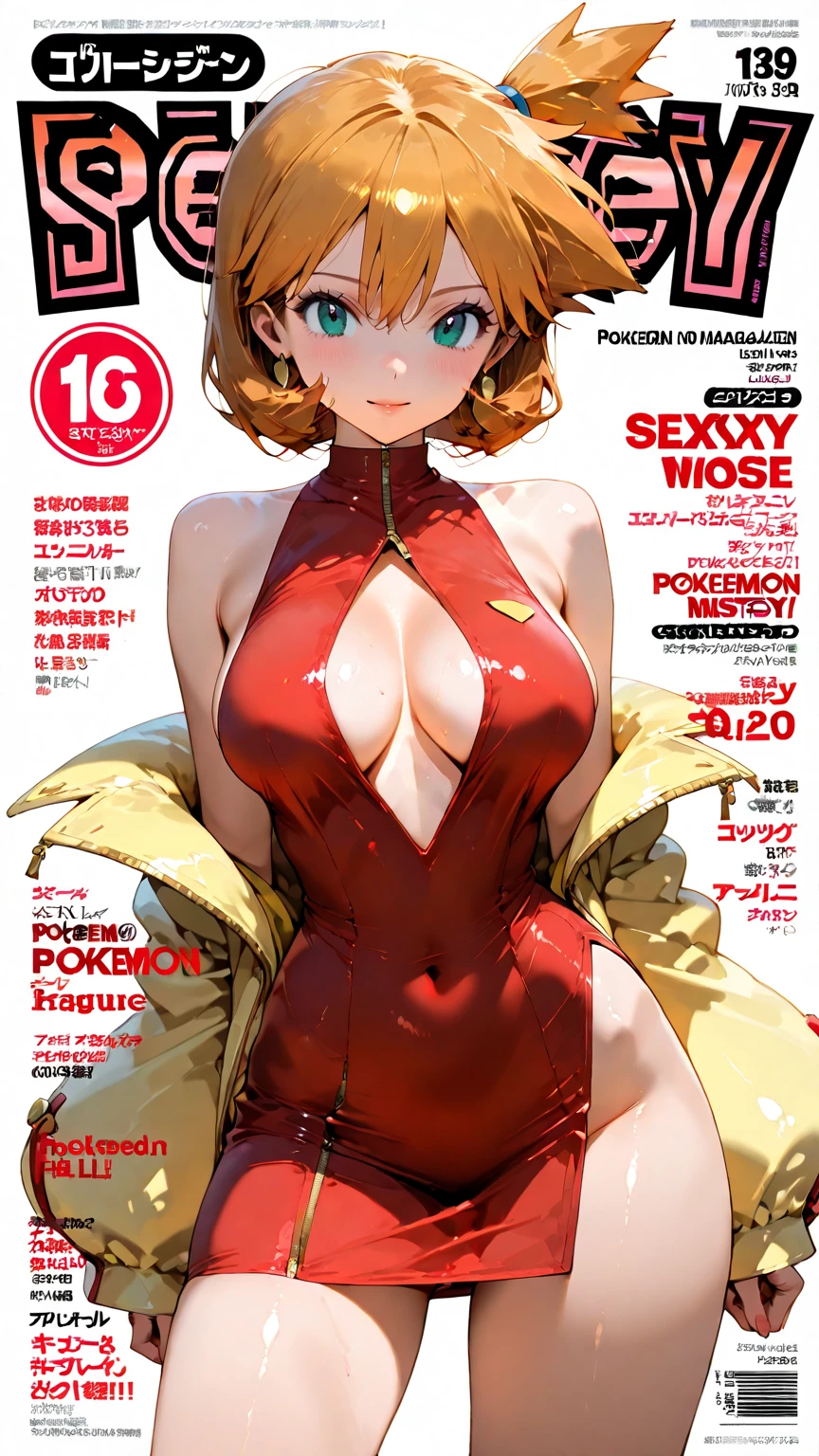 magazine coverof Redhead, witch, sexy pose, big breasts, sexy pink dress, short hair, pink witch hat