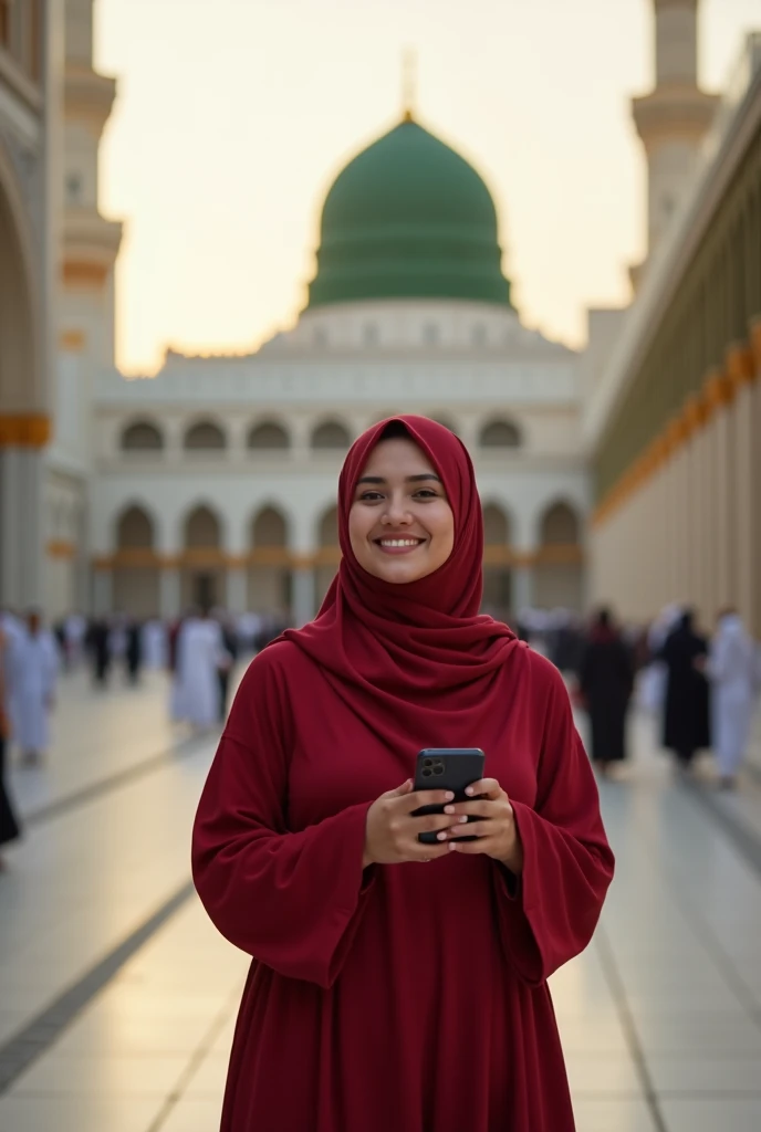 A Muslim girl in a green burqa, the whole burqa is spread out, wearing a burqa and holding an iPhone in her hand, and she is set in the beautiful mosque and is written in the style in the wall in wood(HAFSA)