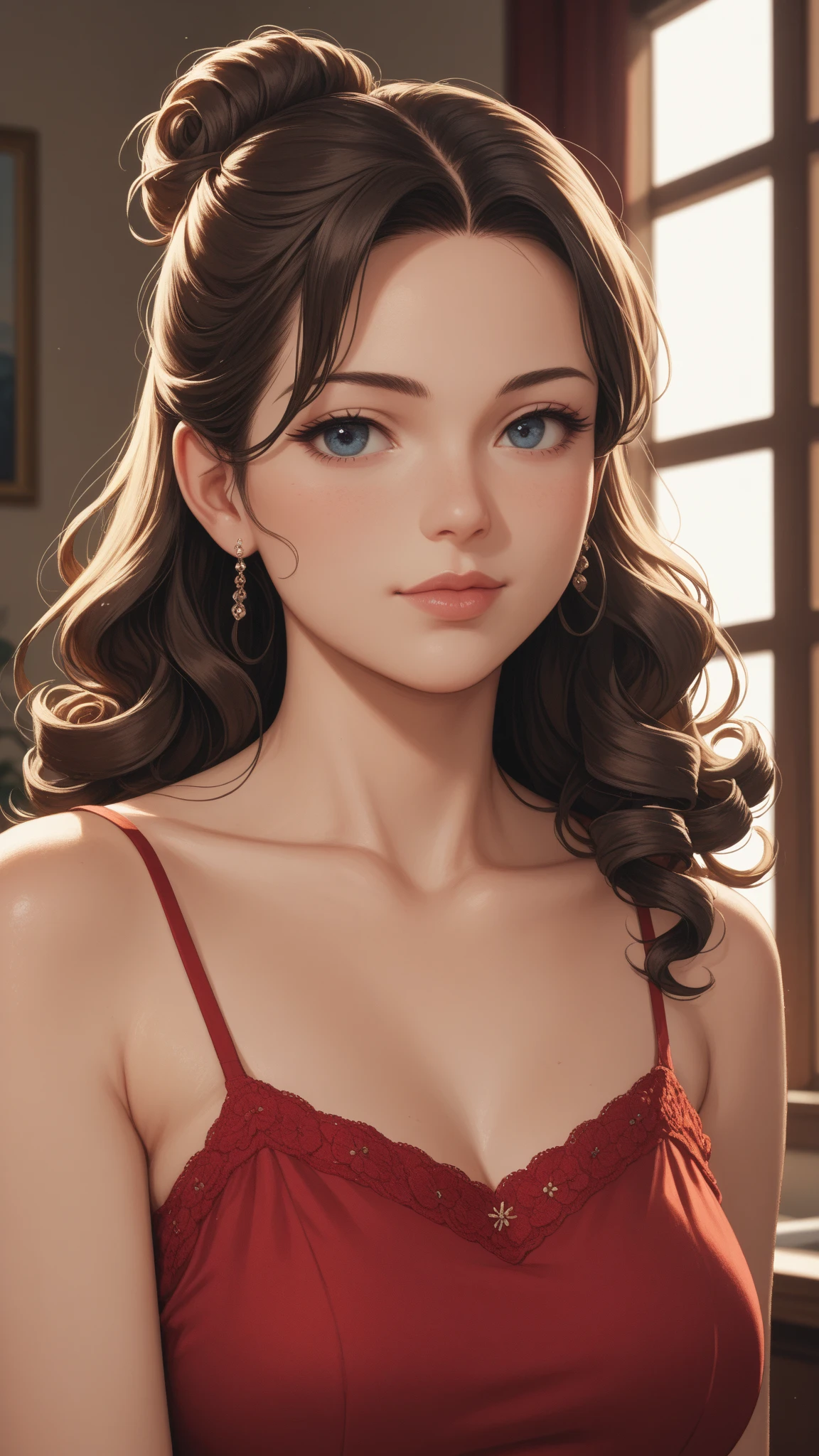 (Best Quality, ultra detailed, photorealistic: 1.39), bright and vibrant colors, studio lighting, romantic expression, seductive, portrait, Face portrait, Red lips, smiling, neckline, Voluptuous woman, beautiful woman, straight hair, ironed hair, black hair, by the wide, White crop top, black skirt, Nursing Lingerie, sexy