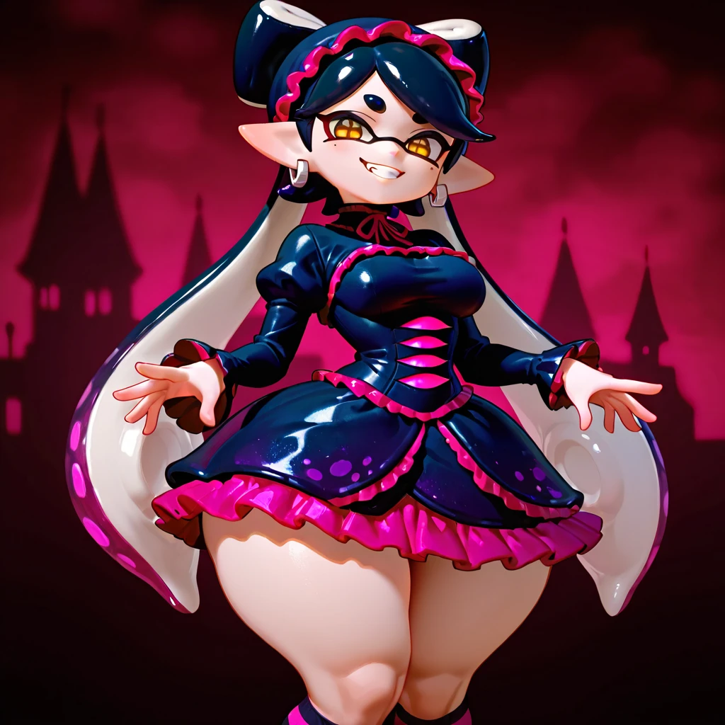 lulu, purple hair, full body black leather costume, open mouth, tongue out, winking, light smile, small breasts, sexy pose, tide chained to wooden floor, back, thick butt,. background: white room, dark room, white walls (insanely detailed, beautiful detailed face, beautiful detailed eyes, masterpiece, best quality)