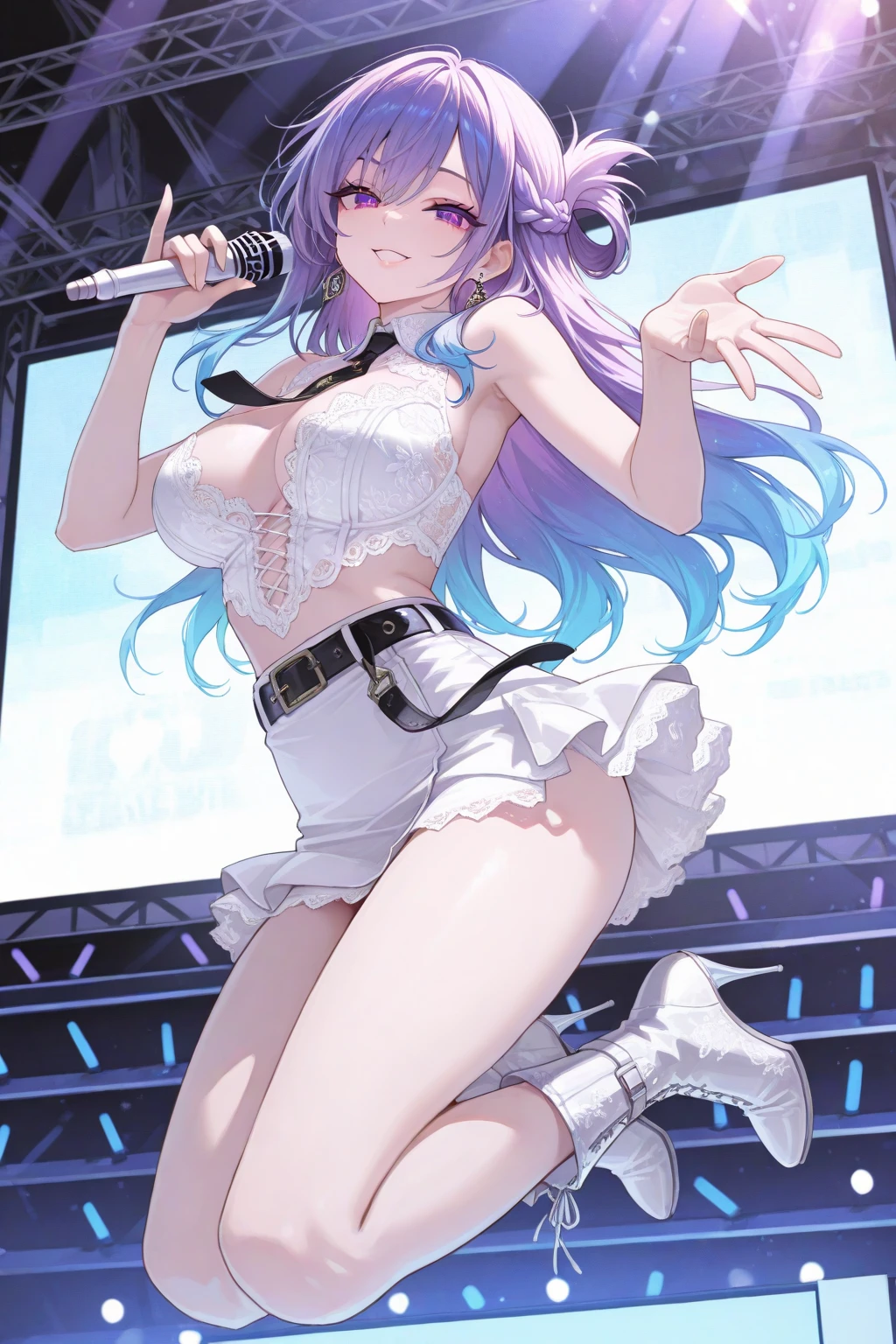 illustratio、Movie Light、(digitalart、anime styled8K)、detailed digital art、Konachan mural、detailed anime style、hight resolution、best qualtiy、ultra-detailliert、A detailed face、(A detailed eye)、top-quality、ultra-detailliert、masterpiece、(详细的脸)、Clean face、The best smile、Sexy mature woman transparent(Cute T-shirt:1.2)、a choker、((detaileds、4This refers to、Thumb、Carefully depicted four fingers and articulated thumbs))、D-cups、cleavage of the breast:2、NSFW、high-heels、((random color eyes:1.2))、((Random hairstyle、Random hair color:1.2))、Neon small shiny hair ends、a frilled miniskirt、AI Fantasy Concert、Shining lighting with neon details、Hold the microphone with your left hand and sing:15、Dark Magic💕、(Live Stage:1.15)、 Stick your butt out and sing、light reflections、Heart-shaped iris、beautidful eyes、Open shoulders、Sateen、(a wet body)、Small glowing butterfly、Hair Jewelry、pantiy、(detaileds、Cute embroidery(blanche)String panties)