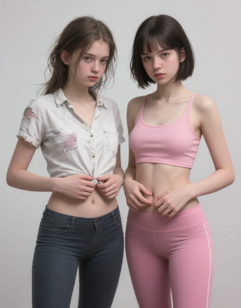 ((very thin and very long legs)),showers changing room swimming pools, ((from below)), full body, backlighting, 16 y.o. pale girl,very long legs, very pale skin full of freckles, very bulging eyes, very big round glasses, ginger hair two ponytails, braless, nobra,very very very thin legs and very very very thin arms,backlighting, very thin face, bulging eyes, pale white skin, very freckled, very thin, very very large puffy ears, big long nose,flat stomach, very thin and very long legs , from below, 3 girls,((very very anorexic girls)),((mejor calidad)), ((Obra maestra)), (detallado), ((fulbody)),very very very thin legs and very very very thin arms, (((very anorexic girls))),. ((full body)), ((plain background transparent varios colours)), 85mm, (analog, cinematic, film grain:1.3), detailed eyes, painted lips, necklace, (epicPhoto), ginger hair,skirt((open on the sides)),curly hair with 2 pigtail, ((short skirt, small tank-top)), big round black glasses, at showers changing room swimming pool, ((very thin and very long legs)),