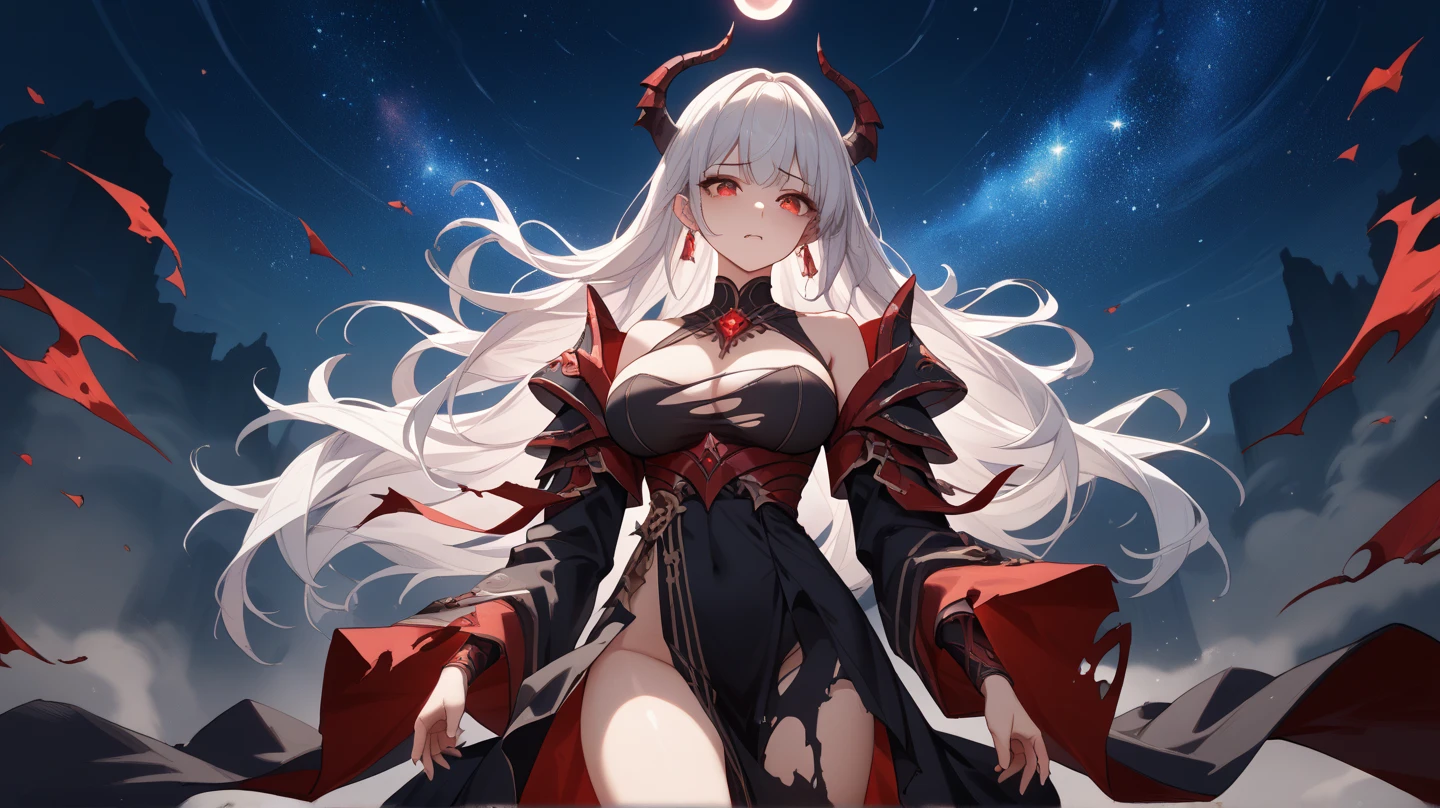 Woman, long white hair, red eyes, fox ears, chest