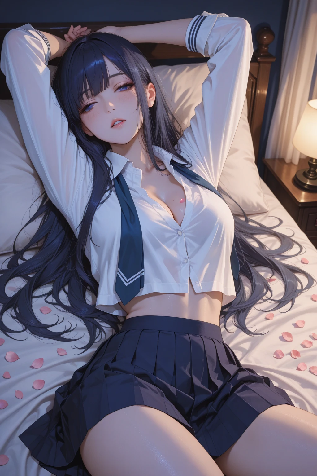 (masterpiece:1.2, top-quality), (realistic, photorealistic:1.4), beautiful illustration, (natural side lighting, movie lighting), nsfw,
looking at viewer, 1 girl, japanese, high school girl, perfect face, cute and symmetrical face, shiny skin,
(long hair:1.5, straight hair:1.4, grey hair), hair between eyes, purple eyes, glowing eyes, big eyes, long eye lasher, (medium breasts), slender,
beautiful hair, beautiful face, beautiful detailed eyes, beautiful clavicle, beautiful body, beautiful chest, beautiful thigh, beautiful legs, beautiful fingers,
((white collared shirts, navy pleated mini skirt, torn clothes, torn underwear)),
(beautiful scenery), midnight, (bedroom), lie on one's back, (ahegao),