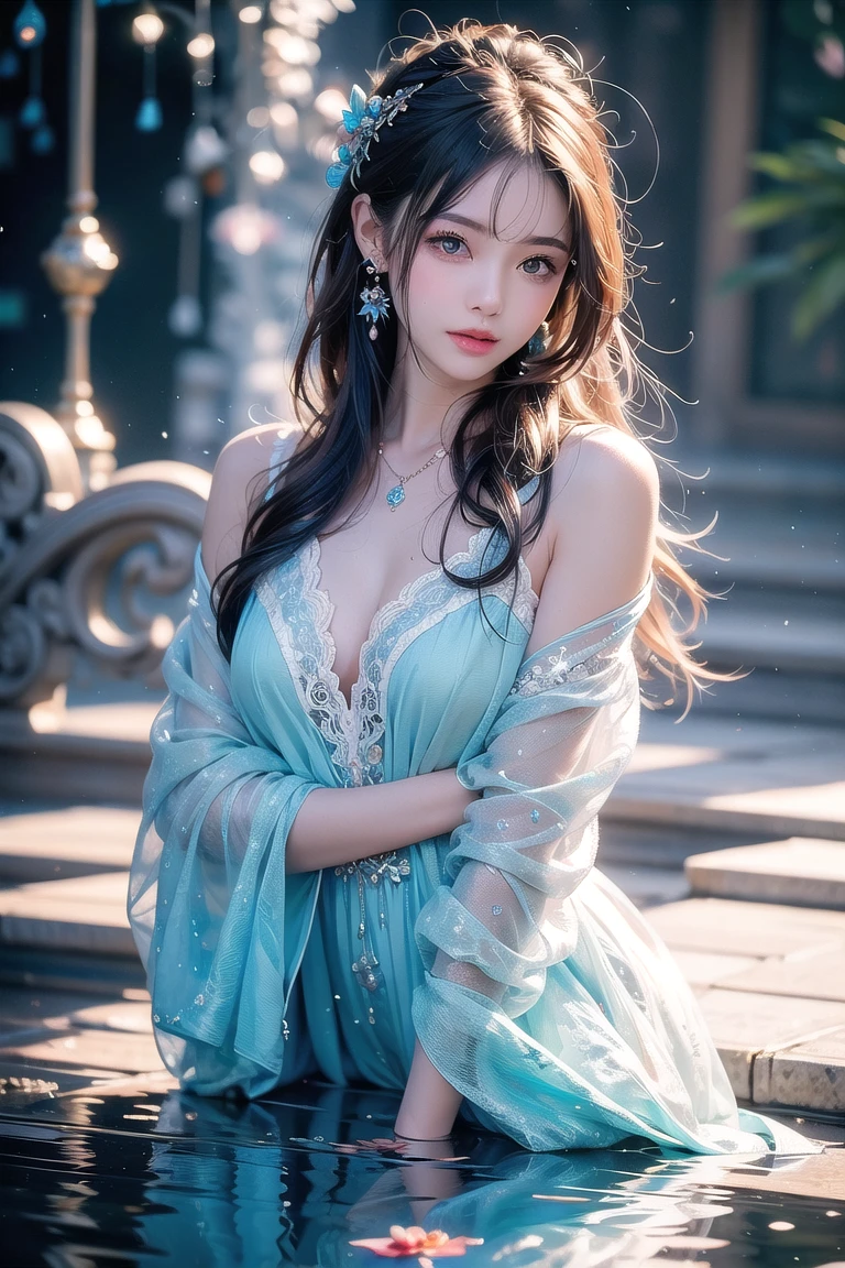 Close up portrait of woman in blue dress leaning against wall, Wearing a blue dress with ultra-thin fabric, in blue dress, Bright blue shiny lingerie, wearing blue dress, Icy Blue Dress, sky - blue dress, wearing a blue dress, translucent silky dress, in a blue qipao, Blue Dress, tall thin beautiful goddess, Dressed in blue, beautiful silky dress、((Ultra-thin fabric sticks to the body、show through、no-bra、Nipple ring))、Perfect body with realistic shades、translucent white skin、shiny white skin、Smooth white tight clothes suit、Photo by Fujifilm X-T3、(Photorealsitic:1.4)、(masuter piece:1.3)、 (intricate-detail:1.2), (crisp photos)、Raw photo, (top-quality, ​masterpiece:1.2),(intricate detailes:1.4),(octane renderings, Complex 3D rendering ultra detail, Studio Soft Light, Rim Lights, vibrant detail, Super Detail, realistic skin textures, Detail Face, Beautiful detail eyes, Very detailed CG Unity 16k wallpaper, make - up, (detailedbackground:1.2), shinny skin、(In SFW)