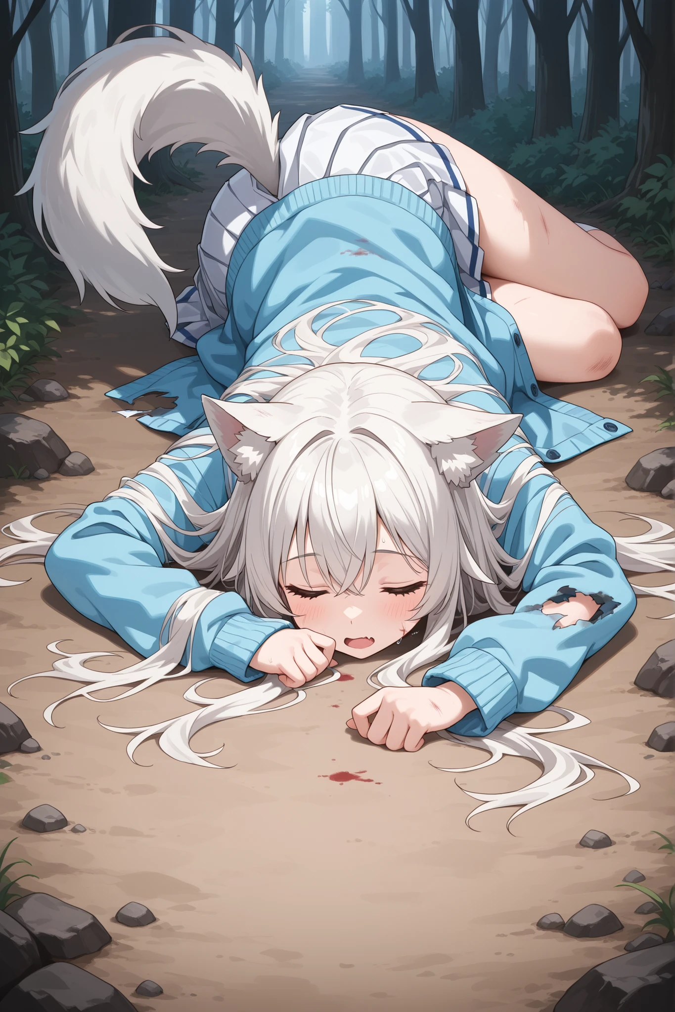 (masterpiece:1.3), (high quality:1.3), (detail,masterpiece), (girl, white hair, wolf ears, wolf tail, white pleated skirt, oversized blue cardigan, shirt,visible fang) , eyes closed 、sleep､lying face down on the ground､Stains on clothes 、torn clothes ､battle damage ､Swelling on face, bruises on  face ､Feeling defeated, bloodstain, ground, in the forest