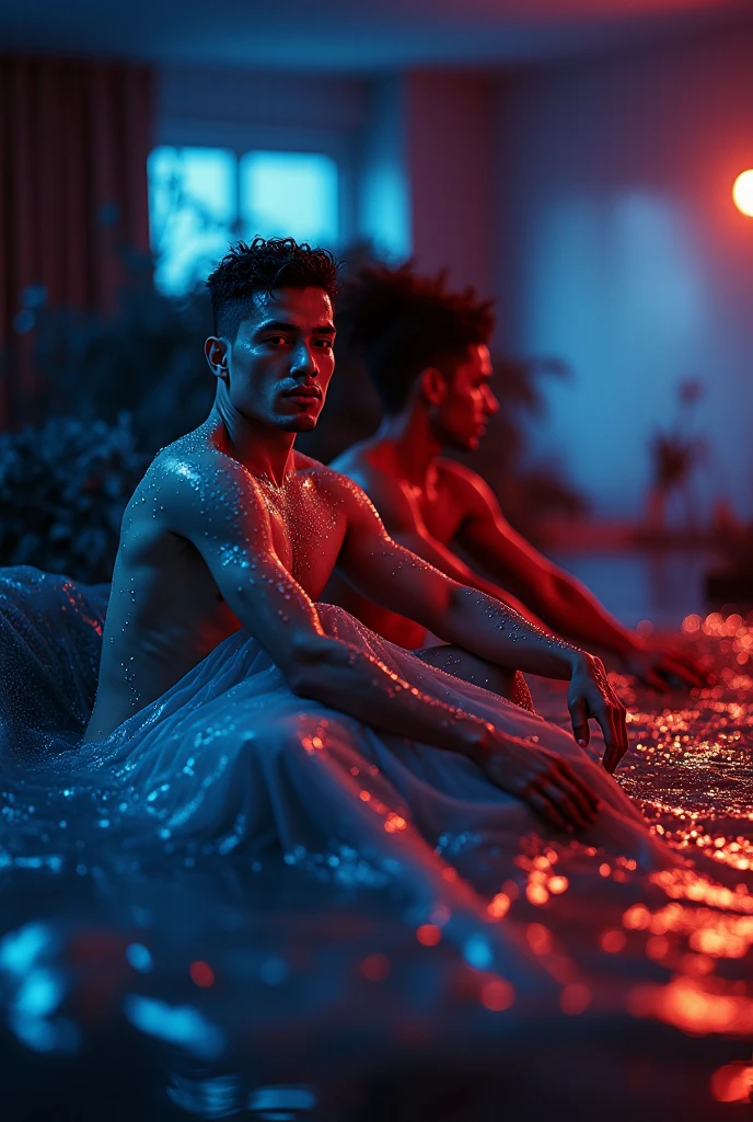 handsome Young man, Very good figure,short haircut,white skin,Not wearing a shirt ,wearing bikini underware create a hyper realistic a beautiful posture completely transparent crystal anthropomorphic glass curve filled with vibrant multicolored flowers Lie face up on the floor in profile, highly detailed surrealism professional fantasy attention to detail, ultra HD 64k hyperrealism studio lightning light reflection