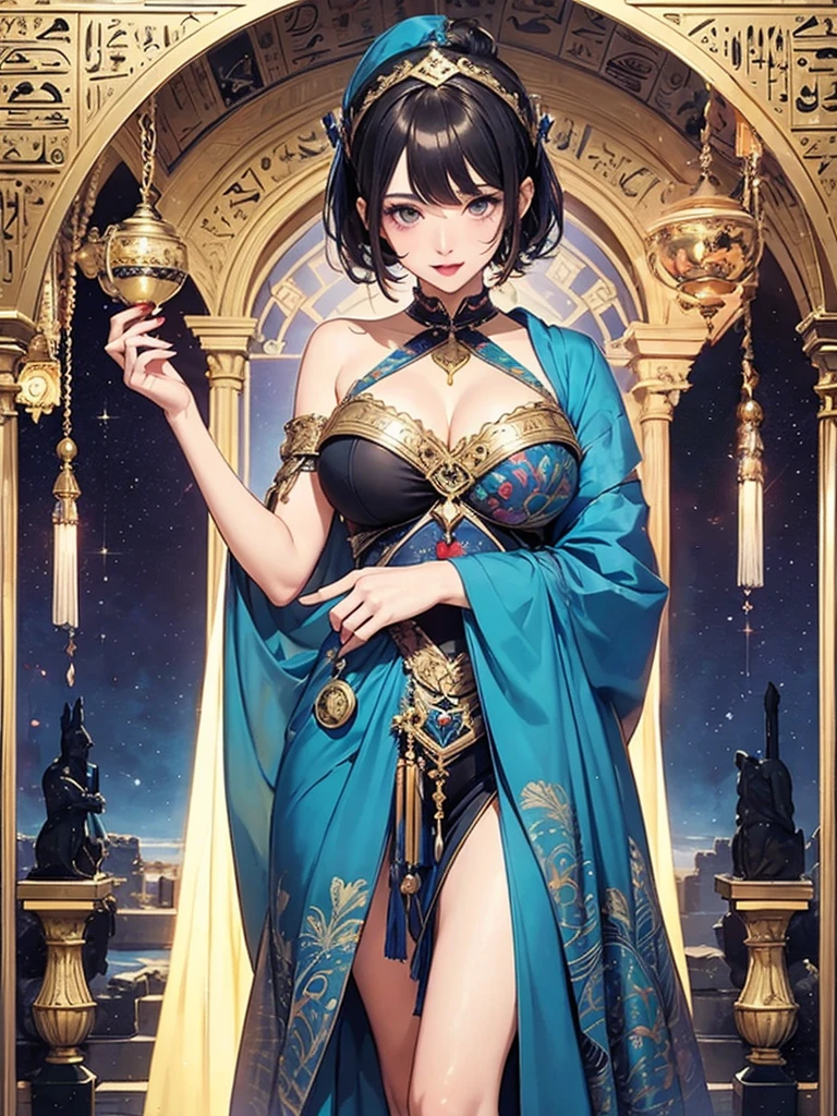 absurdres, RAW photo, extremely delicate, extremely beautiful, masterpiece, Best Quality, ultra high resolution, 32k, hyperrealistic, ultra-detailed description, perfect anatomy, correct body, ideal ratio of body proportions, pale skin, 20 years old, detailed beautiful face, detailed beautiful face eyes, tearful mole, earring, medium hair, black hair, big tits, whole body shot, intricate ornate costume, a magical occult fortune teller's mansion, old antique furniture, crystal ball, tarot cards, candlelight,