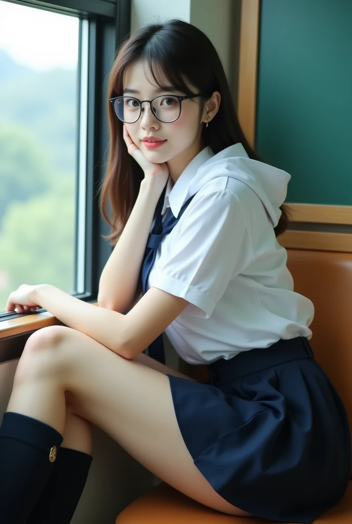 ((top quality、masterpiece、high sensitivity、high res、Detailed Description、delicate face depiction、Ｆvalue：6.0)),((Slender Woman、wearing glasses)),advanced digital art、high school uniform、hoodie、high socks、Loafer Shoes、sit in a classroom window seat、Put on your elbow and smile、