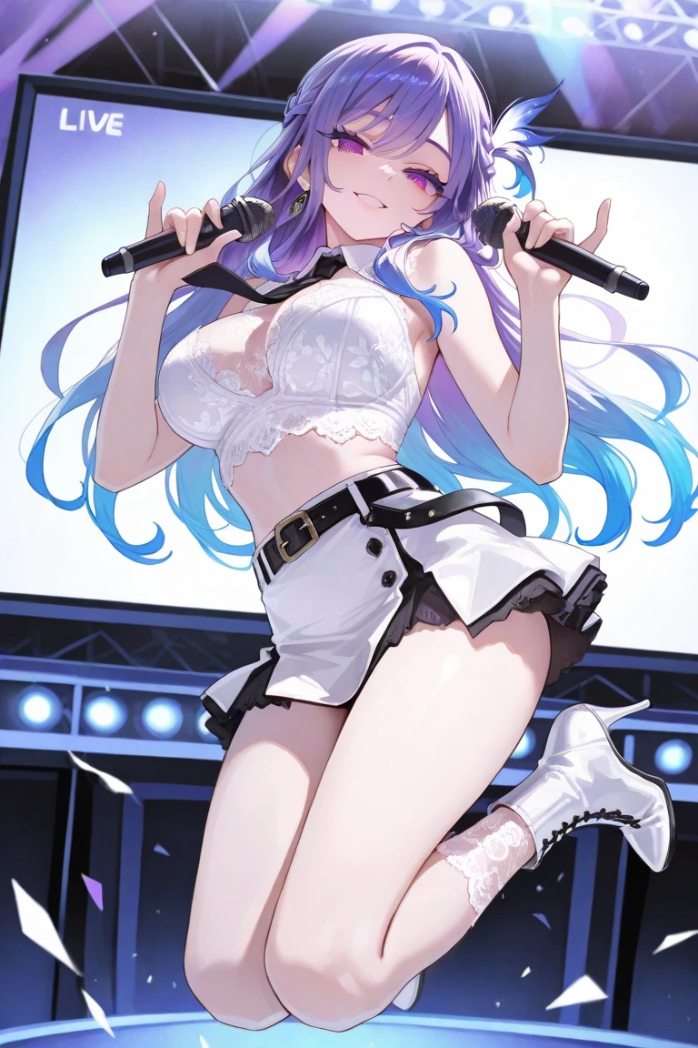 Illustration, cinematic light, high resolution, best quality, ultra detailed, detailed face, (detailed eyes), highest quality, super detailed, masterpiece, (detailed face), pretty face, best smile, sexy mature woman transparent (white and red goth loli costume: 1.5), ultra detailed embroidery, cloth, choker, open cloth, NSFW, high heels, blue eyes, neon small shiny hair ends, D cup, cleavage, AI fantasy concert, shining lighting with neon details, idol, (live stage: 1.15), (singing holding the microphone with left hand: 15), singing with butt sticking out: 5, (to a packed audience in the background), light reflection, heart-shaped iris, playful eyes, open shoulders, (wet body), small glowing butterfly, hair jewelry, panties, cute string white panties with ribbon: 1.5