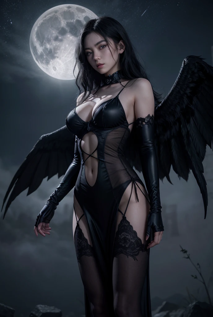 (gothic angel),sexy woman,red eyes,black hair,perfect face,black sensual sexy dress,big black feather wings,night cemetery scene,halloween themed art,illustration,ultra-detailed,(best quality,4k,8k,highres,masterpiece:1.2),ultra-fine painting,sharp focus,physically-based rendering,professional,vivid colors,dim lighting