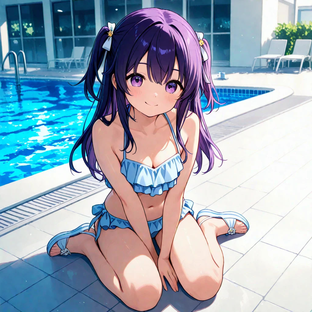 ((masterpiece)), ((best quality)), (ultra-detailed), pool, night, a cute girl, 1girl, solo, bikini, ((beautiful eyes)), smile