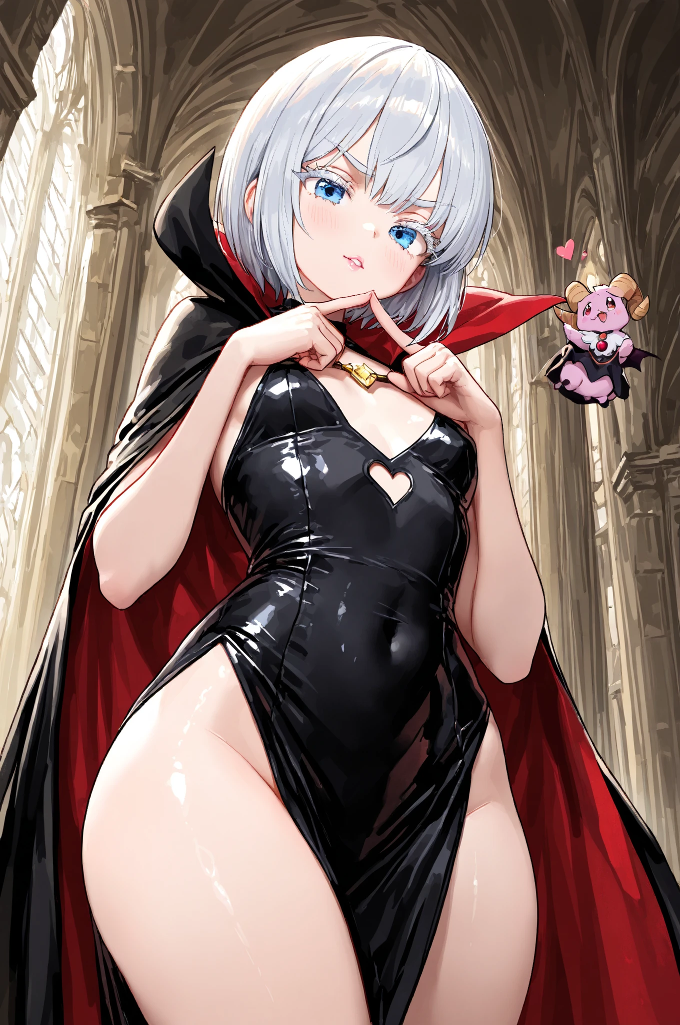 1girl, Blonde hair, Twin drills hair, solo, seductive smile, evil grin, nsfw, POV, Villains, blush, aroused, in heat, steam, breath, sweat, drooling, Small breasts, View your audience, latex purple leotard under the black cape, purple lips, Night, Back alley, Shadow, Dark, dead end street, masterpiece, Top animation quality，Top image quality,