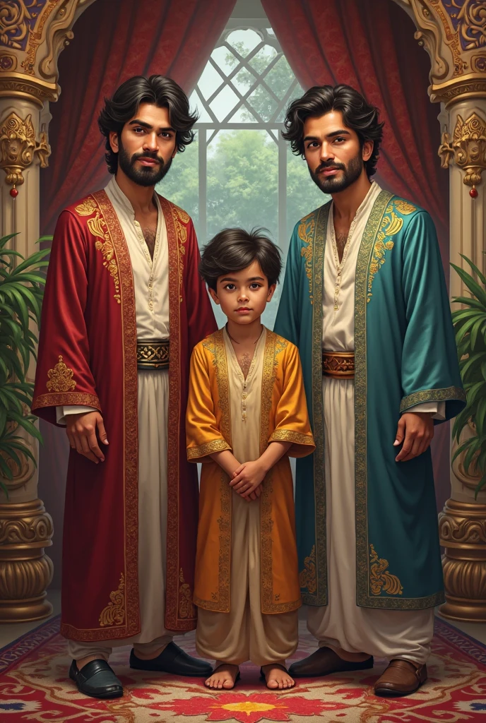 there are two men and a boy standing on a road, dressed in a jodhpuri suit, wearing traditional garb, husband wife and son, groom, with a ???, with village, a handsome, ornately dressed, photo taken in 2 0 2 0, very handsome, emir, wearing authentic attire, wearing a fancy dress, taken with sony alpha 9, posing