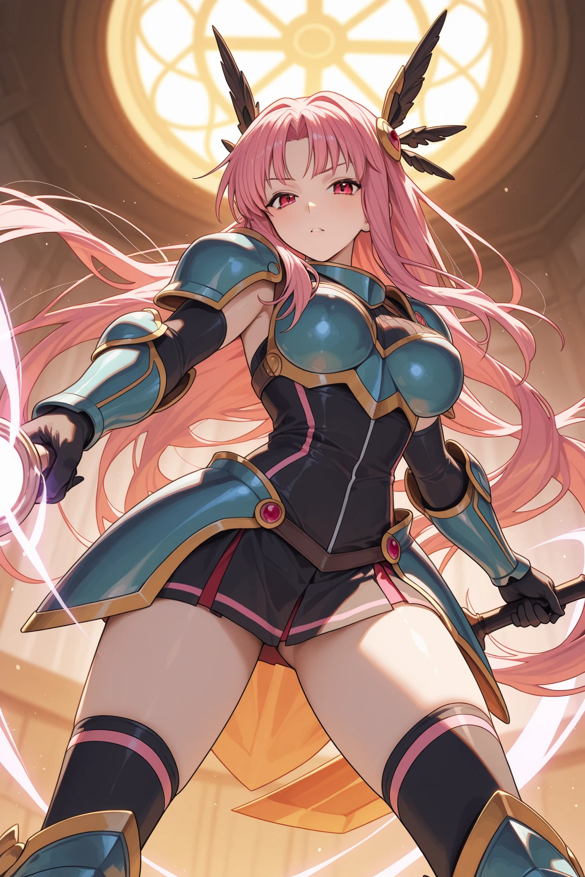 anime girl, long hair, pink hair, blue eyes, pink dress armor, smiling, sword and shield, big breasts, boots, belt on leg, exposed belly