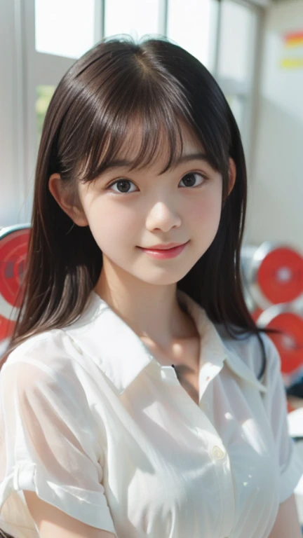 neat college girl、petite person、((The whole body is shown、Sheer white shirt、Navy blue ribbon at the collar、Dark blue pleated micro mini))、Outside the field、(Slimed、small tit、flat boobs、small boobs)、Photorealsitic、detaileds, Skin texture, ultra-detailliert、Delicate and sexy collarbone、a smile、Super detailed face、detailed lips、A detailed eye、二重まぶた